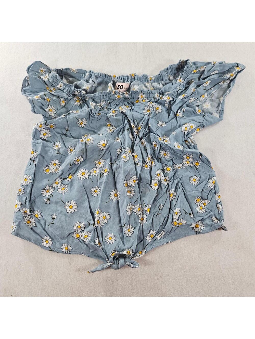 SO Daisy Floral Off Shoulder Top Size L Blue Smocked Cropped Blouse Boho